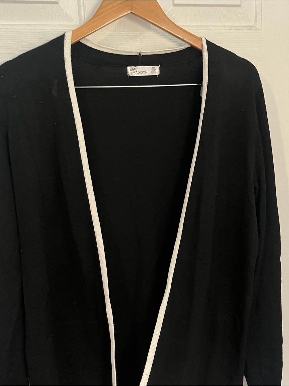 89th & Madison Black Open-Front Cardigan with Cream Trim